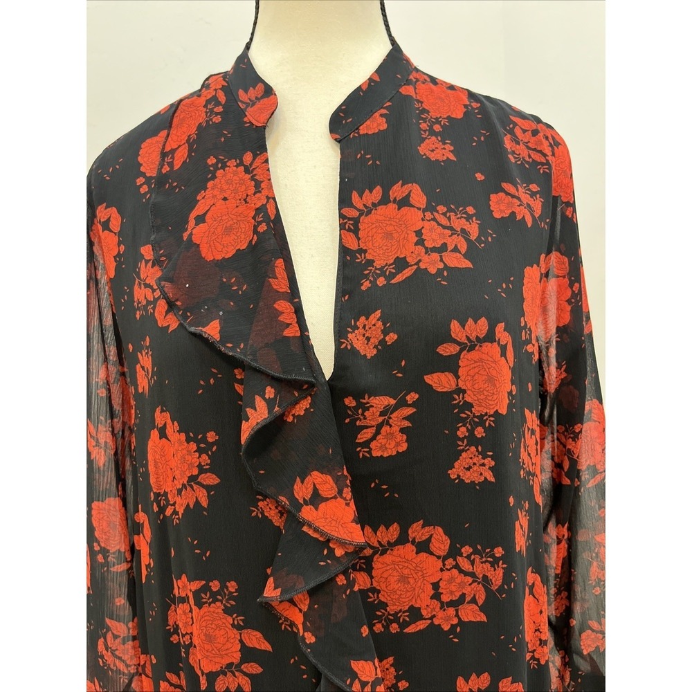Zara Floral Mini Dress Womens L Black Red Rose Ruffle V-Neck Long Sleeve Good - Picture 11 of 11